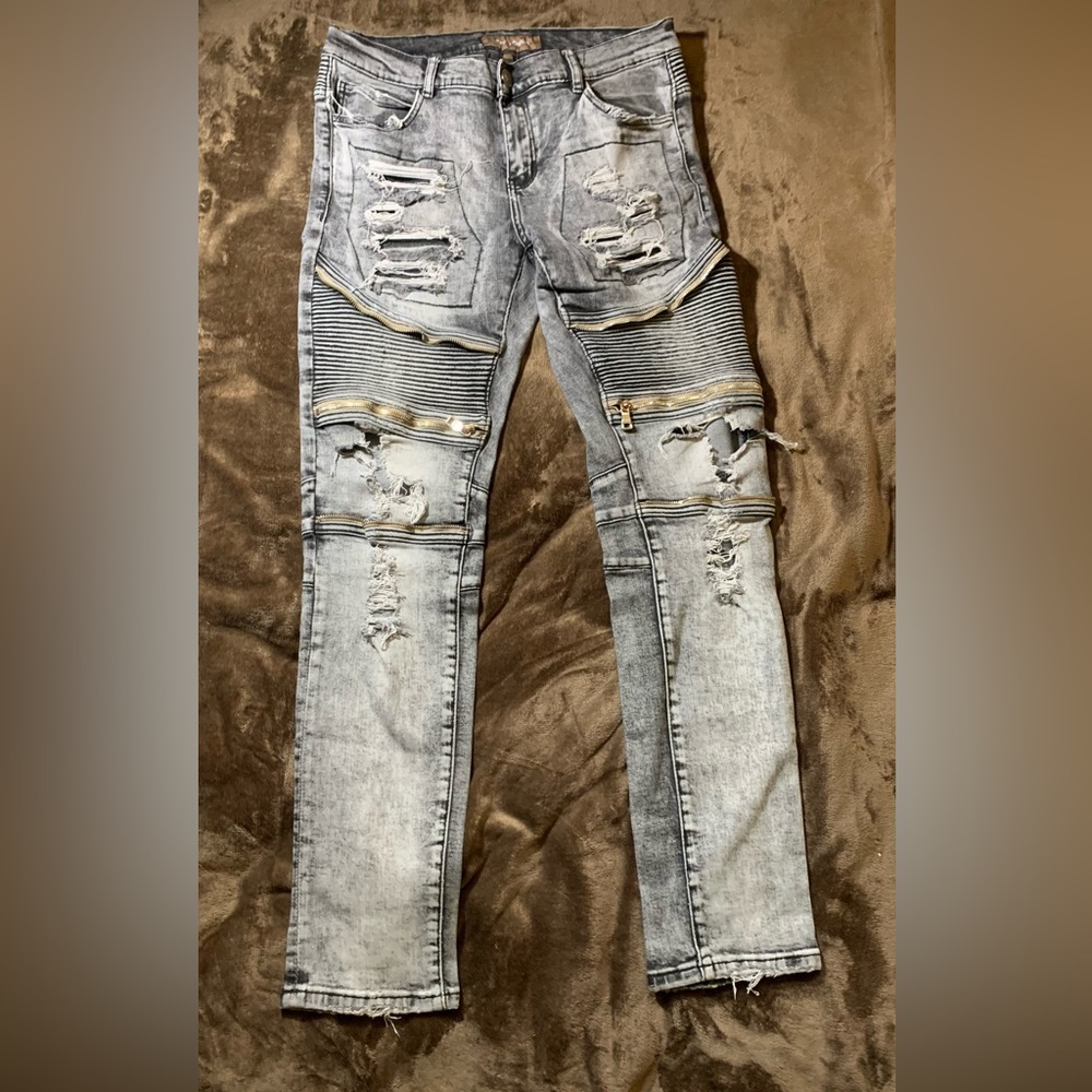 Crysp denim biker style distressed jeans